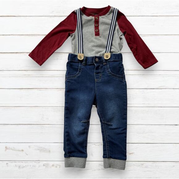 Cat & Jack Baby Outfit Size 18 Months Long Sleeve 2 Pc Suspenders Henley Shirt - Picture 1 of 6